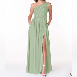 Sage green Azazie Demi one shoulder formal dress / gown / bridesmaids dress